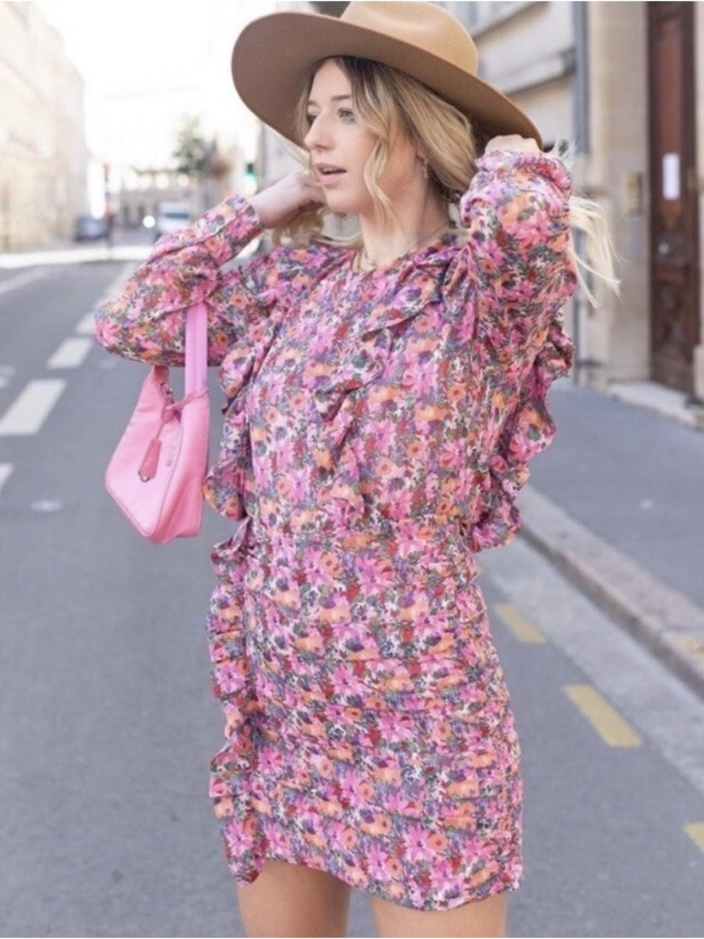 Zara Dress Pink Floral Ruffle Draped Long Sleeve Small S
